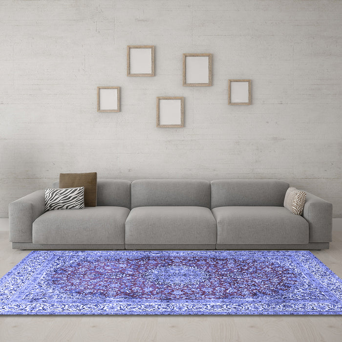 Machine Washable Oriental Blue Traditional Rug in a Living Room, wshtr4698blu