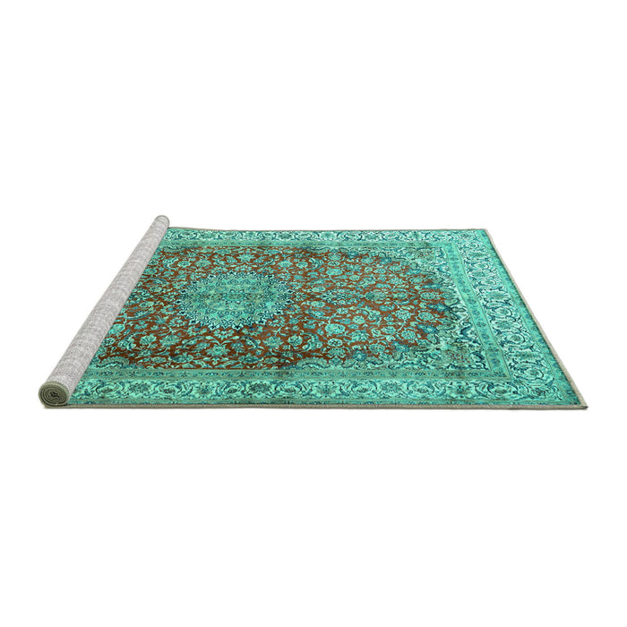 Sideview of Machine Washable Oriental Turquoise Traditional Area Rugs, wshtr4698turq