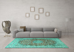 Machine Washable Oriental Turquoise Traditional Area Rugs in a Living Room,, wshtr4698turq