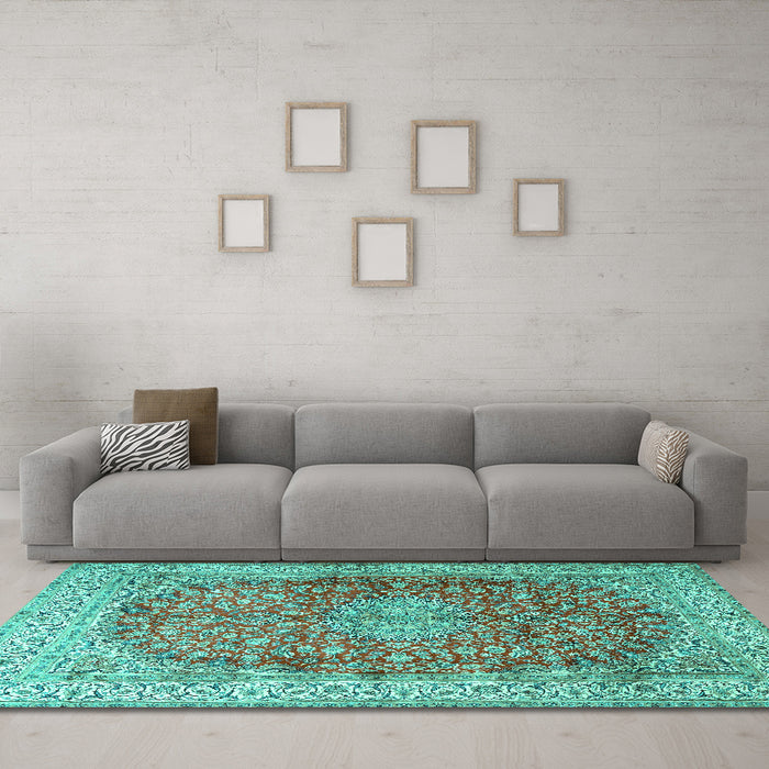 Machine Washable Oriental Turquoise Traditional Area Rugs in a Living Room,, wshtr4698turq