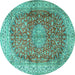 Round Machine Washable Oriental Turquoise Traditional Area Rugs, wshtr4698turq