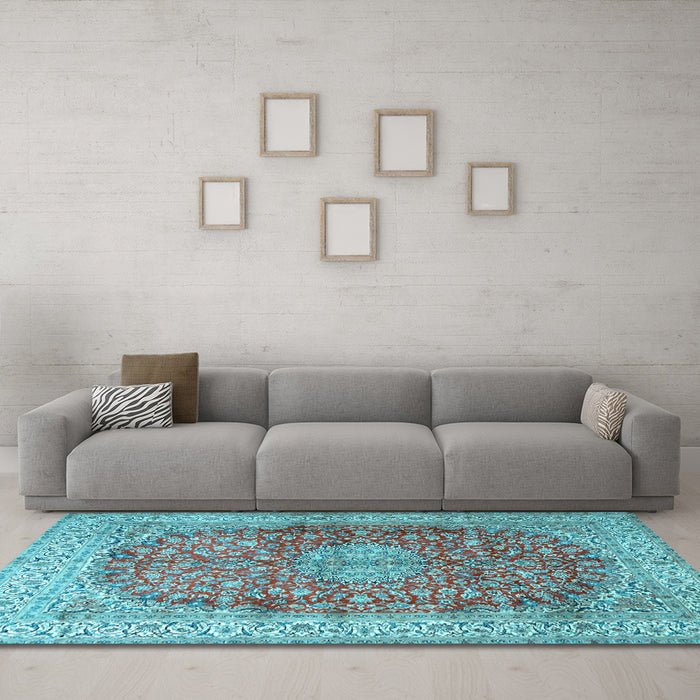 Machine Washable Oriental Light Blue Traditional Rug in a Living Room, wshtr4698lblu