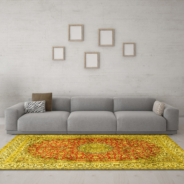 Machine Washable Oriental Yellow Traditional Rug in a Living Room, wshtr4698yw