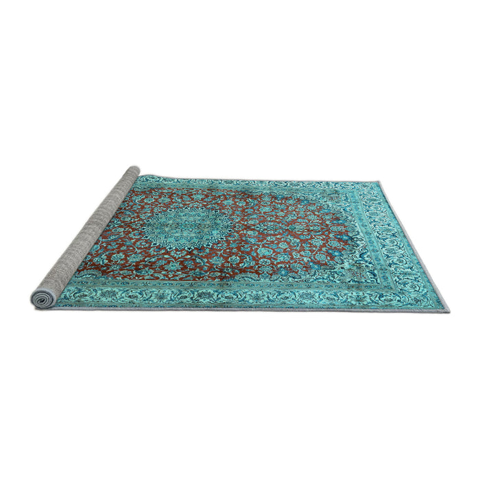 Sideview of Machine Washable Oriental Light Blue Traditional Rug, wshtr4698lblu