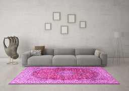 Machine Washable Oriental Pink Traditional Rug in a Living Room, wshtr4698pnk