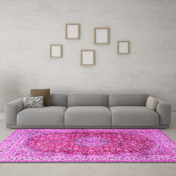 Machine Washable Oriental Pink Traditional Rug in a Living Room, wshtr4698pnk