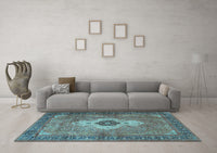 Machine Washable Medallion Light Blue Traditional Rug, wshtr4699lblu