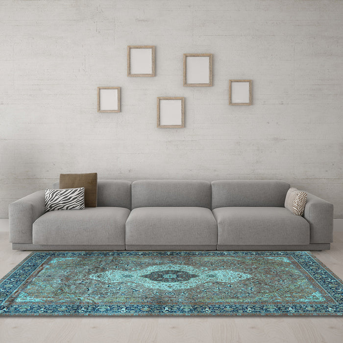 Machine Washable Medallion Light Blue Traditional Rug in a Living Room, wshtr4699lblu