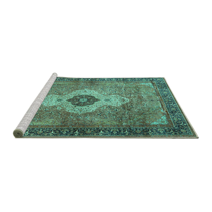 Sideview of Machine Washable Medallion Turquoise Traditional Area Rugs, wshtr4699turq