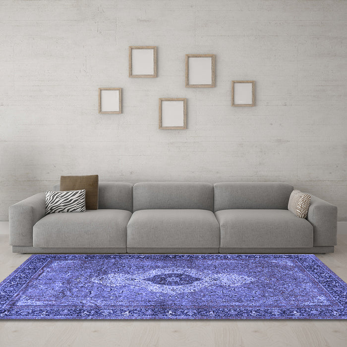 Machine Washable Medallion Blue Traditional Rug in a Living Room, wshtr4699blu