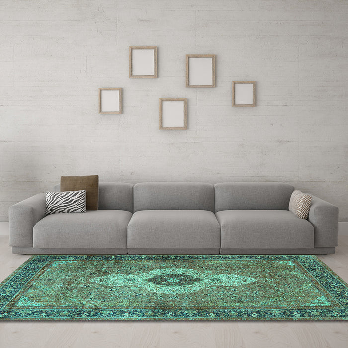 Machine Washable Medallion Turquoise Traditional Area Rugs in a Living Room,, wshtr4699turq