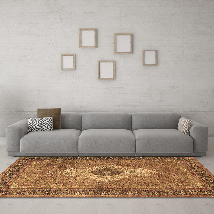 Machine Washable Medallion Brown Traditional Rug in a Living Room,, wshtr4699brn