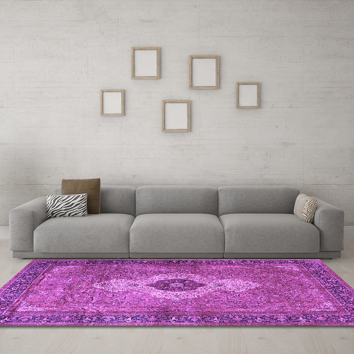Machine Washable Medallion Purple Traditional Area Rugs in a Living Room, wshtr4699pur