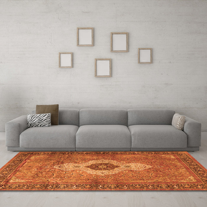Machine Washable Medallion Orange Traditional Area Rugs in a Living Room, wshtr4699org