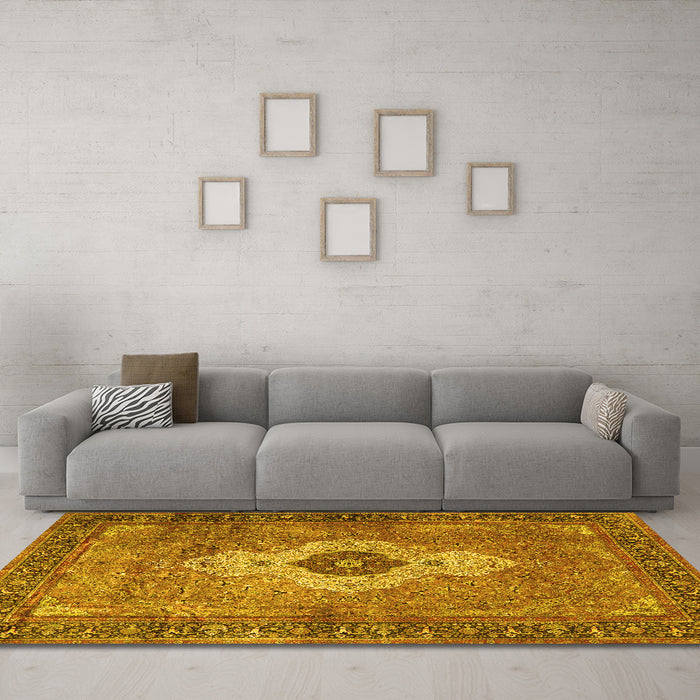 Machine Washable Medallion Yellow Traditional Rug in a Living Room, wshtr4699yw
