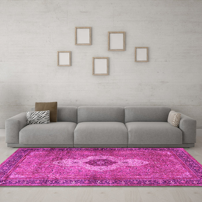 Machine Washable Medallion Pink Traditional Rug in a Living Room, wshtr4699pnk