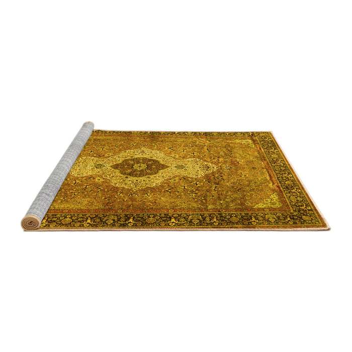 Sideview of Machine Washable Medallion Yellow Traditional Rug, wshtr4699yw