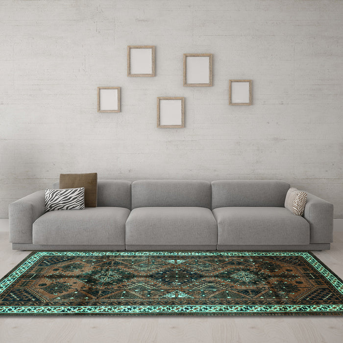 Machine Washable Persian Turquoise Traditional Area Rugs in a Living Room,, wshtr46turq
