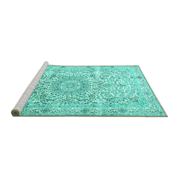 Sideview of Machine Washable Persian Turquoise Traditional Area Rugs, wshtr4700turq