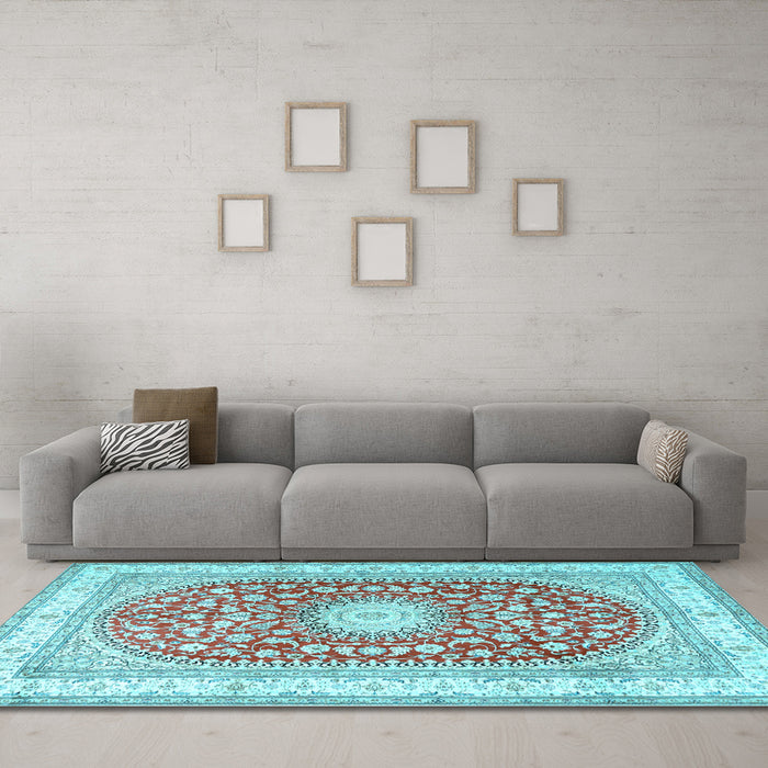 Machine Washable Persian Light Blue Traditional Rug in a Living Room, wshtr4701lblu