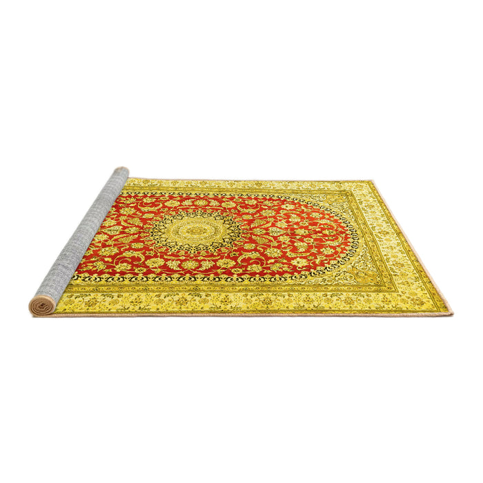 Sideview of Machine Washable Persian Yellow Traditional Rug, wshtr4701yw