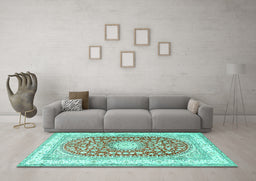 Machine Washable Persian Turquoise Traditional Area Rugs in a Living Room,, wshtr4701turq