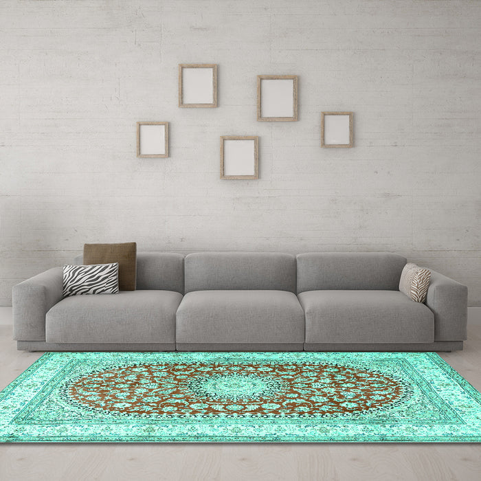 Machine Washable Persian Turquoise Traditional Area Rugs in a Living Room,, wshtr4701turq