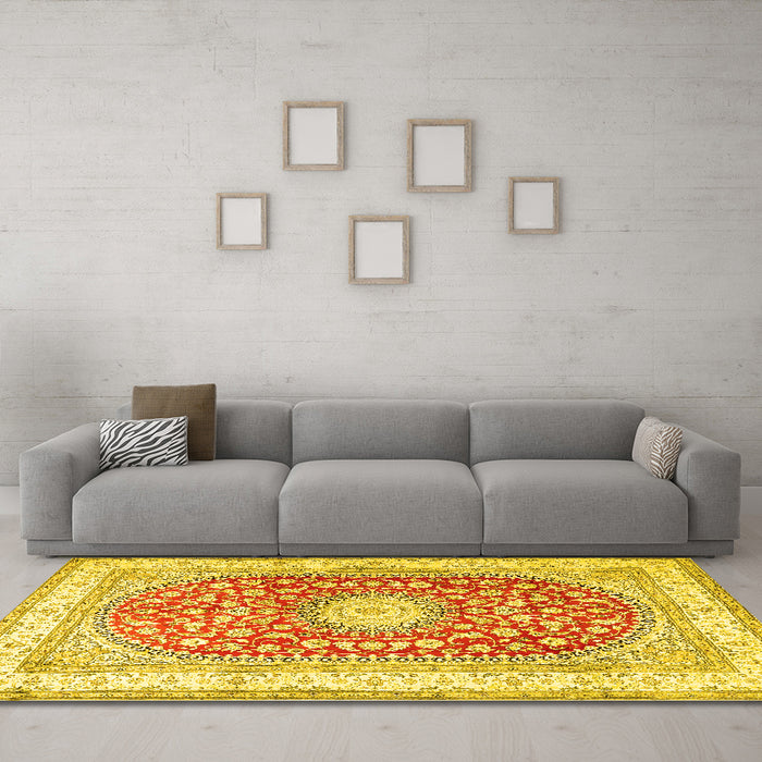 Machine Washable Persian Yellow Traditional Rug in a Living Room, wshtr4701yw