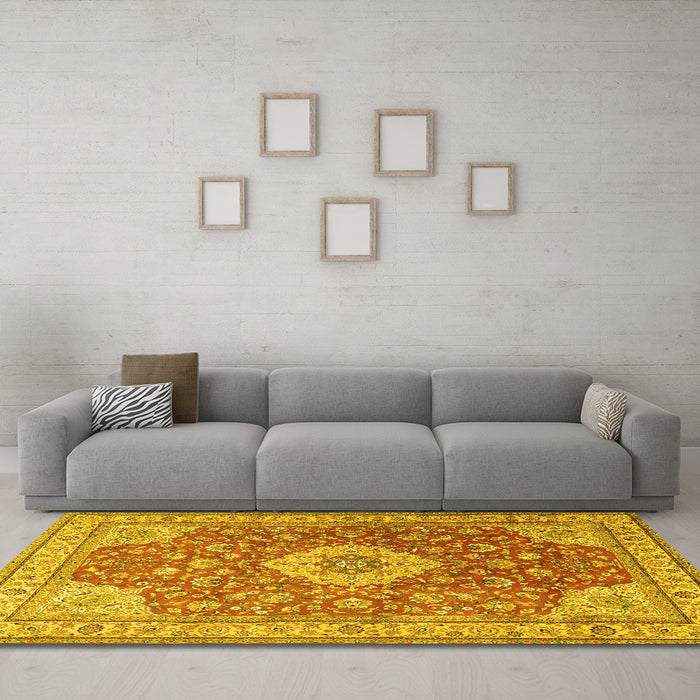 Machine Washable Persian Yellow Traditional Rug in a Living Room, wshtr4702yw