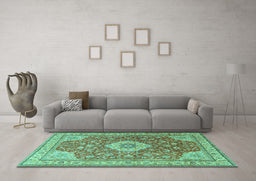 Machine Washable Persian Turquoise Traditional Area Rugs in a Living Room,, wshtr4702turq