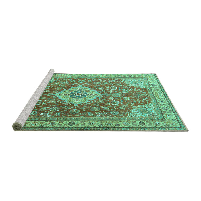 Sideview of Machine Washable Persian Turquoise Traditional Area Rugs, wshtr4702turq