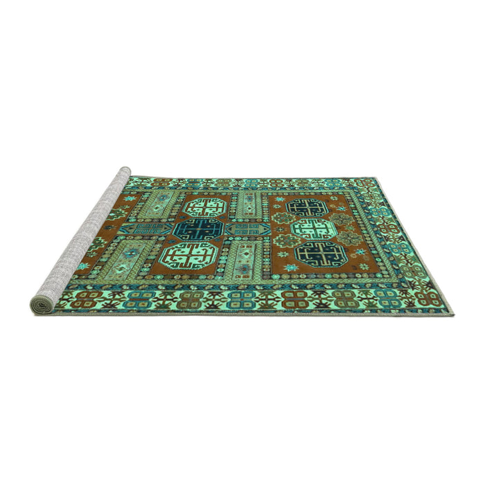 Sideview of Machine Washable Persian Turquoise Traditional Area Rugs, wshtr4703turq
