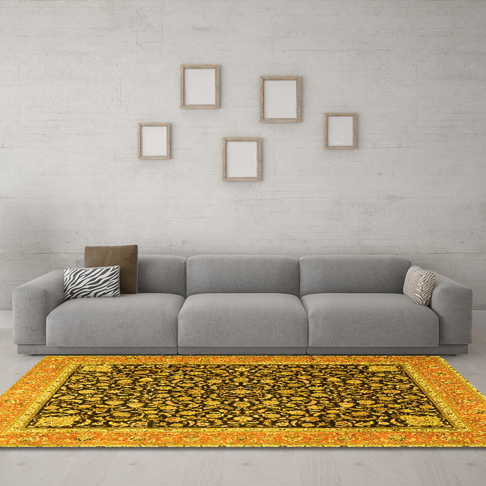 Machine Washable Persian Yellow Traditional Rug in a Living Room, wshtr4704yw