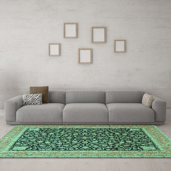 Machine Washable Persian Turquoise Traditional Area Rugs in a Living Room,, wshtr4704turq