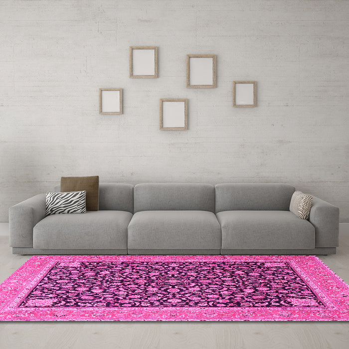 Machine Washable Persian Pink Traditional Rug in a Living Room, wshtr4704pnk
