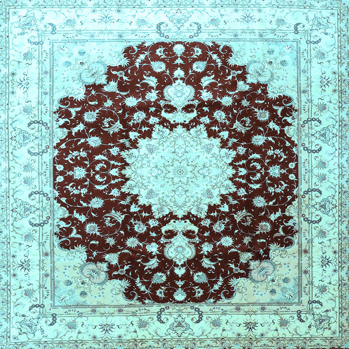 Square Machine Washable Medallion Light Blue Traditional Rug, wshtr4705lblu