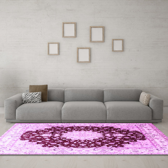 Machine Washable Medallion Purple Traditional Area Rugs in a Living Room, wshtr4705pur