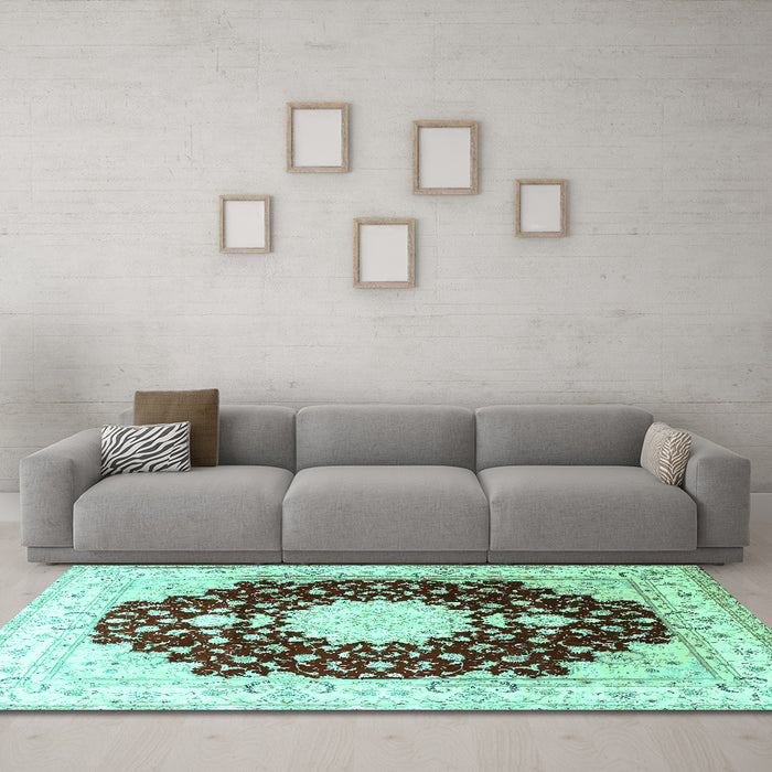 Machine Washable Medallion Turquoise Traditional Area Rugs in a Living Room,, wshtr4705turq