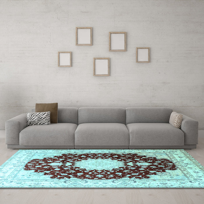 Machine Washable Medallion Light Blue Traditional Rug in a Living Room, wshtr4705lblu