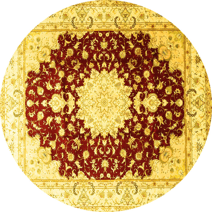 Round Machine Washable Medallion Yellow Traditional Rug, wshtr4705yw