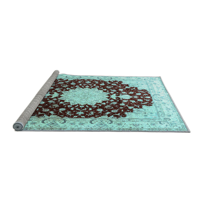 Sideview of Machine Washable Medallion Light Blue Traditional Rug, wshtr4705lblu
