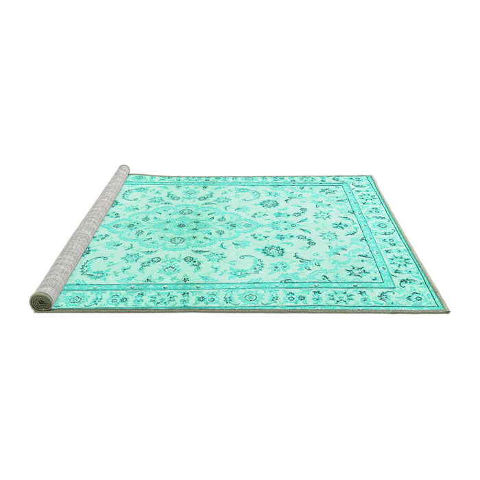 Sideview of Machine Washable Medallion Turquoise Traditional Area Rugs, wshtr4706turq