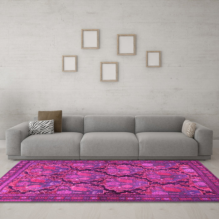 Machine Washable Persian Pink Traditional Rug in a Living Room, wshtr4707pnk
