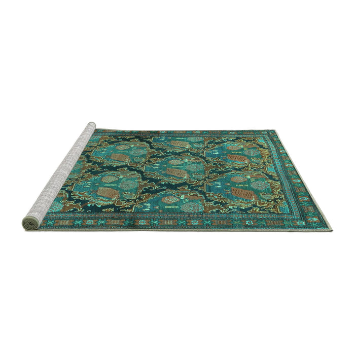 Sideview of Machine Washable Persian Turquoise Traditional Area Rugs, wshtr4707turq