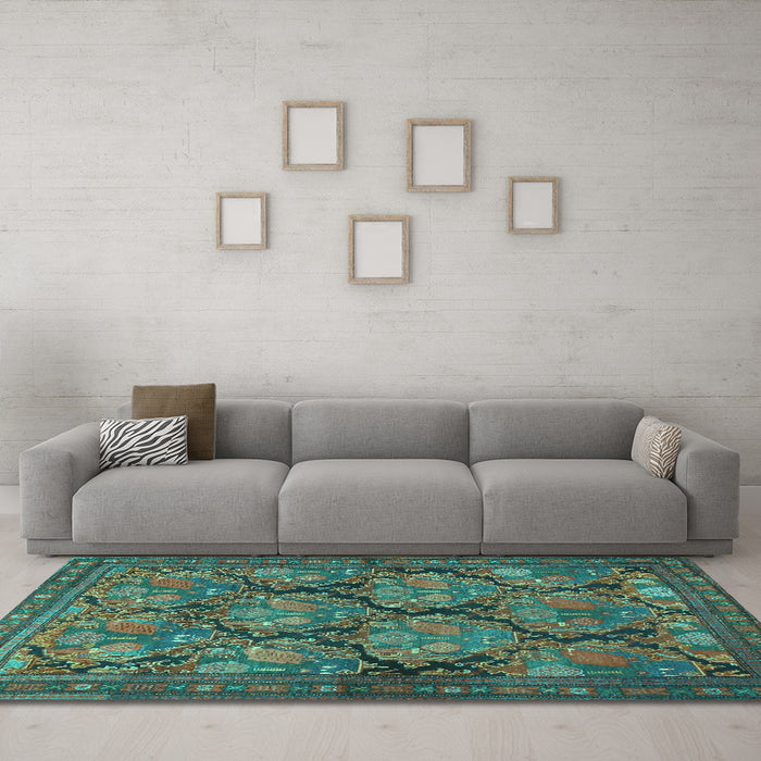 Machine Washable Persian Turquoise Traditional Area Rugs in a Living Room,, wshtr4707turq