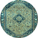 Round Machine Washable Medallion Light Blue Traditional Rug, wshtr4708lblu