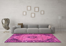 Machine Washable Medallion Pink Traditional Rug in a Living Room, wshtr4708pnk