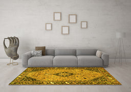 Machine Washable Medallion Yellow Traditional Rug in a Living Room, wshtr4708yw