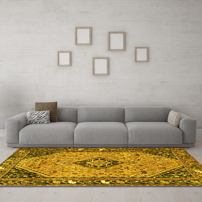 Machine Washable Medallion Yellow Traditional Rug in a Living Room, wshtr4708yw