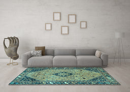 Machine Washable Medallion Light Blue Traditional Rug in a Living Room, wshtr4708lblu